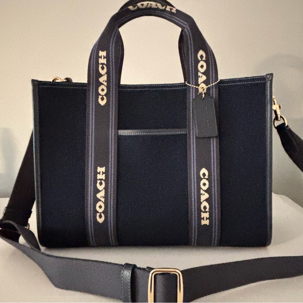 Coach Navy Blue Canvas Tote with Striped Handles - Picture 13 of 16